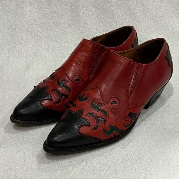 Hunt Club Red Leather Jennifer Western Bootie with Purple & Green Inlays Sz 6.5 - Picture 6 of 16